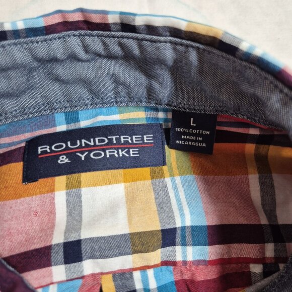 Roundtree & Yorke Men's Size L Short Sleeve Shirt Plaid Red Blue Button Up (56 - Picture 8 of 8